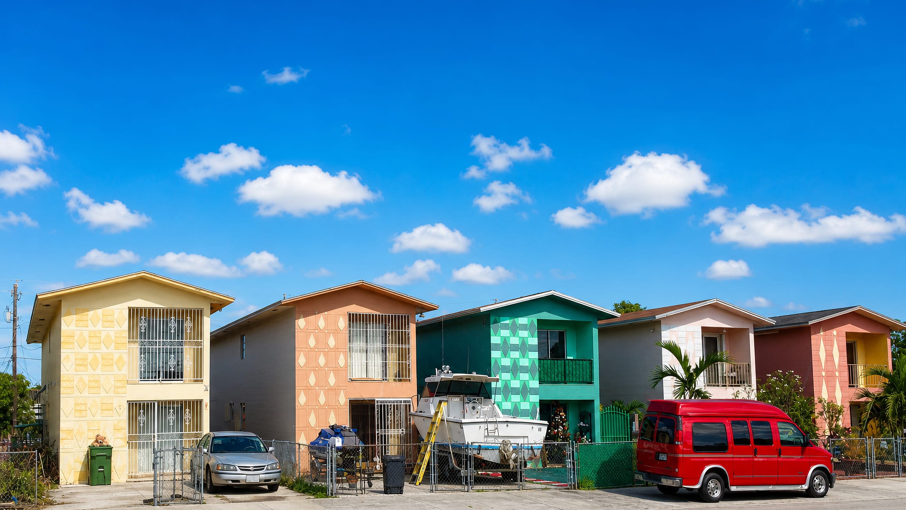 A sunlit residential street in Hialeah, Florida, lined with pastel two-storey duplexes, a parked boat and a red van