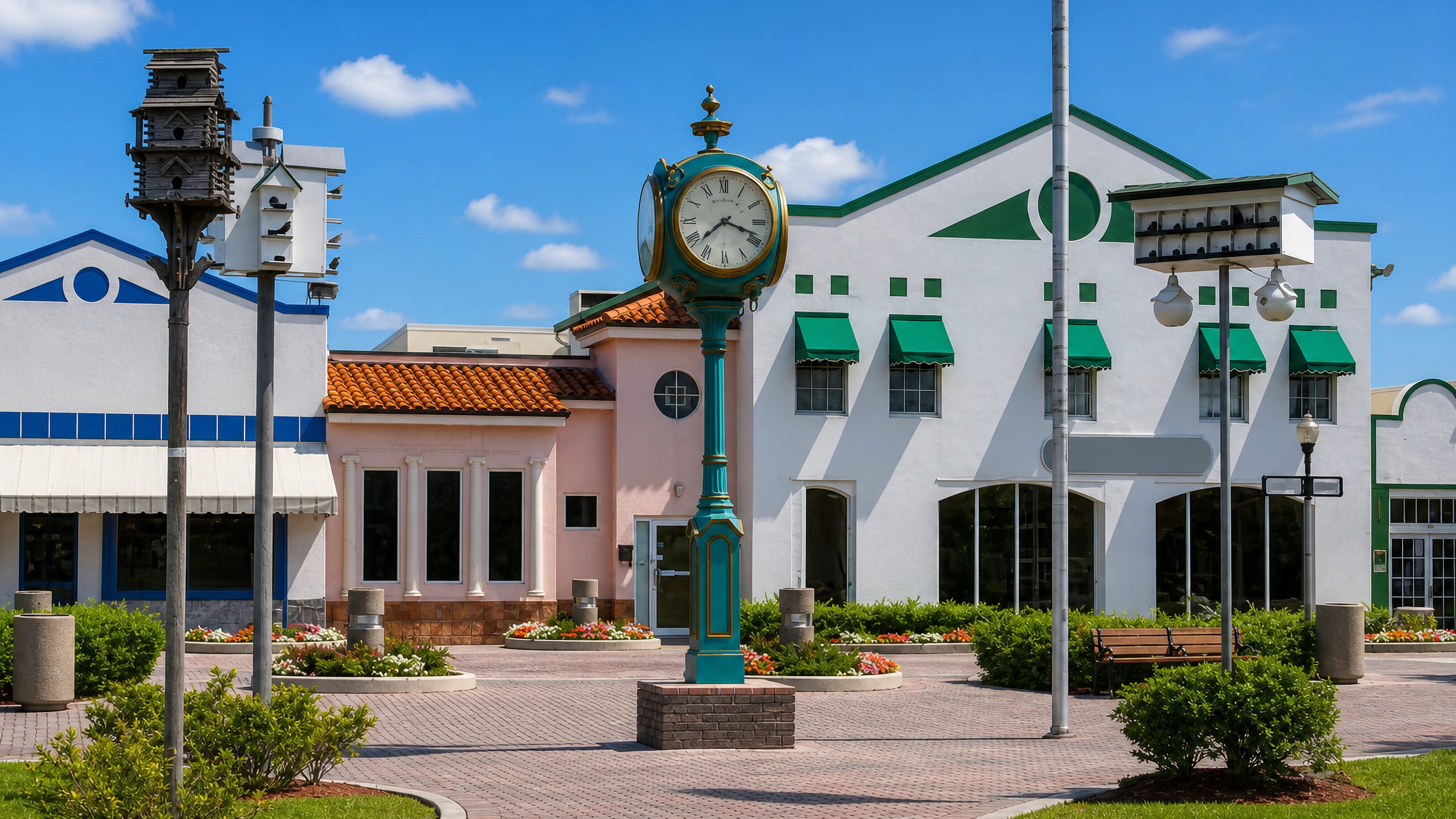 Green street clock and pastel storefronts on a brick-paved plaza in downtown Homestead, Florida.