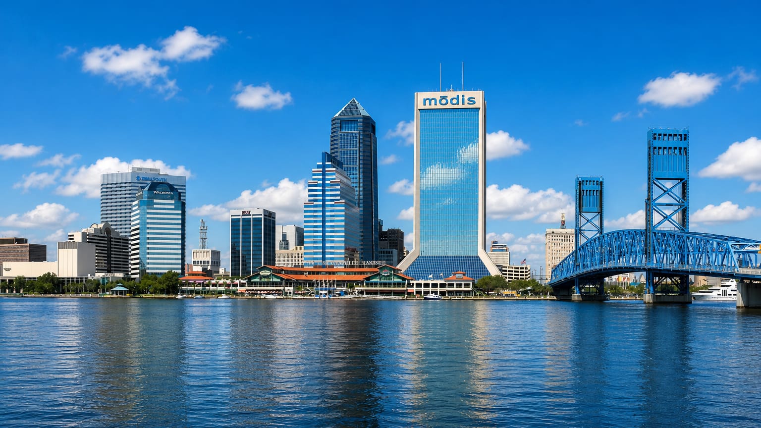 Downtown Jacksonville skyline across the St. Johns River with the Modis tower and blue Main Street Bridge.