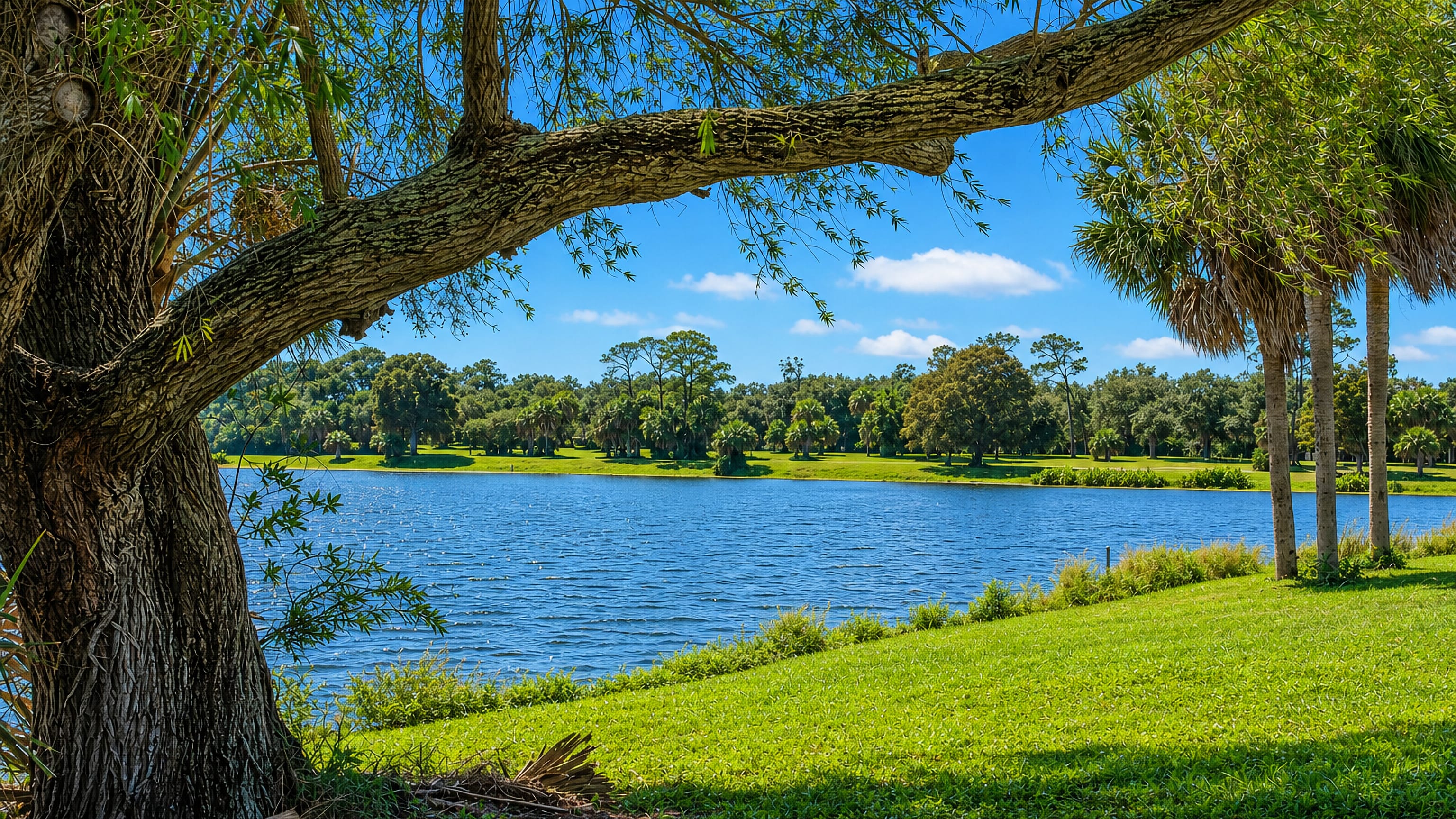 A lake ringed by pines and palms in a park in Largo, Florida, framed by a spreading oak.