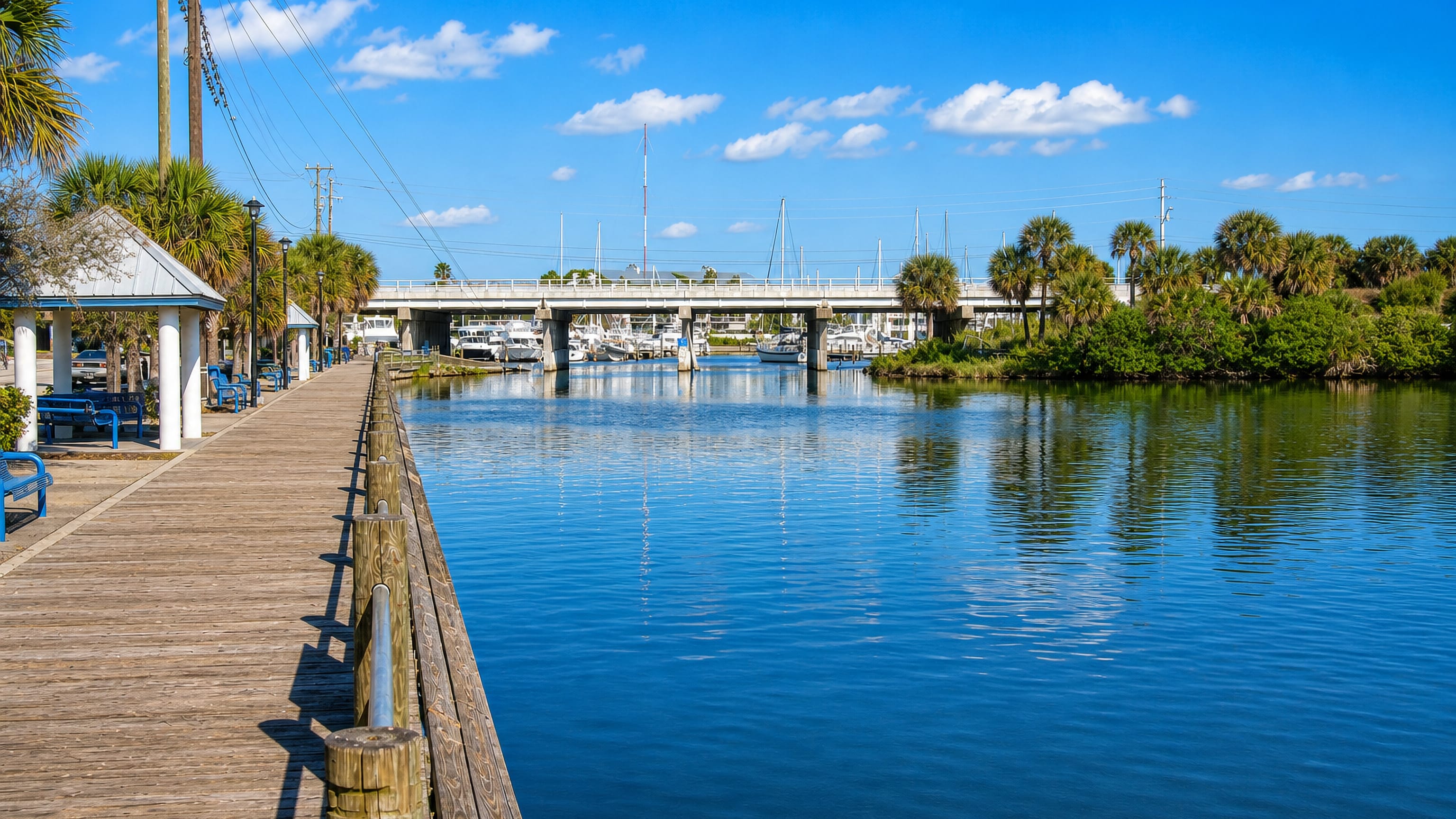 A wooden boardwalk leads to the marina and causeway bridge on the waterfront at Melbourne, Florida.