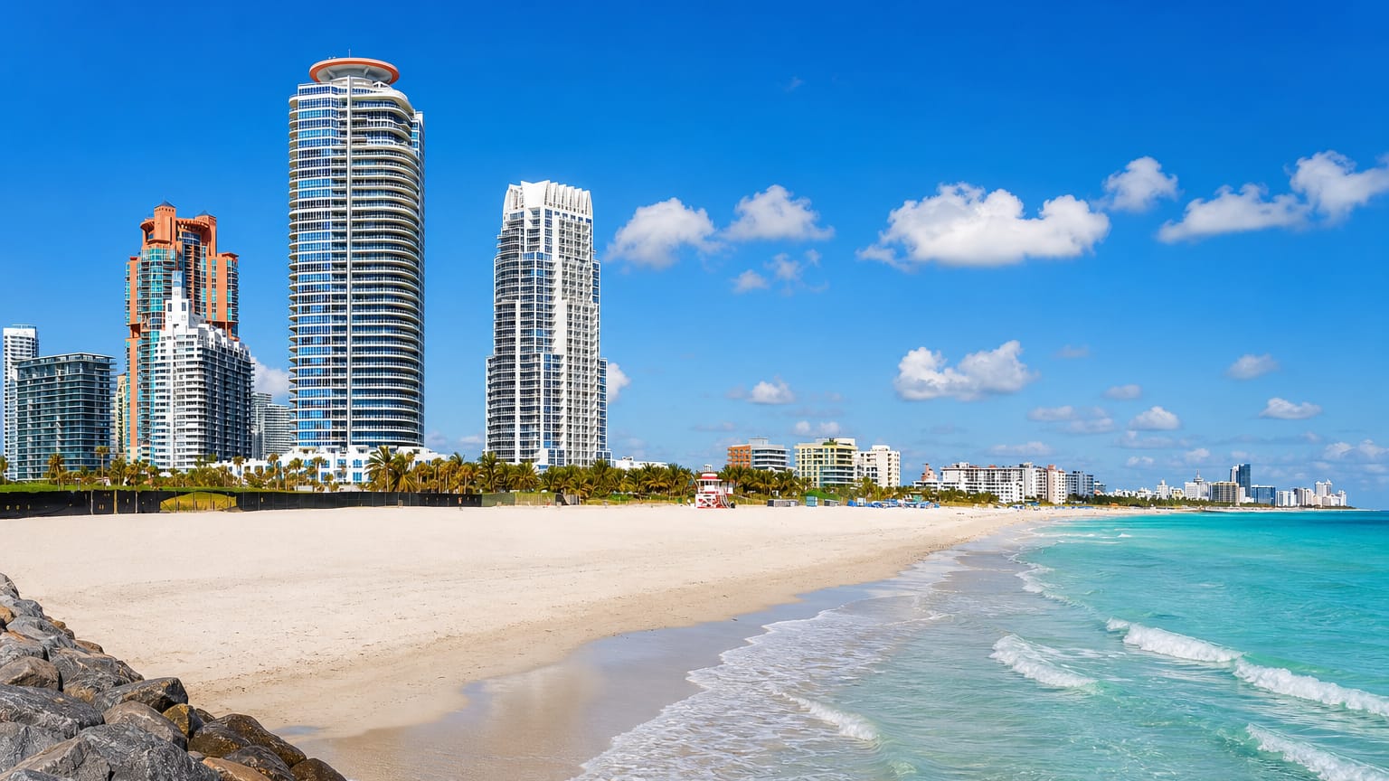Miami Beach, Florida, with high-rise towers above South Pointe's white sand and turquoise Atlantic surf.