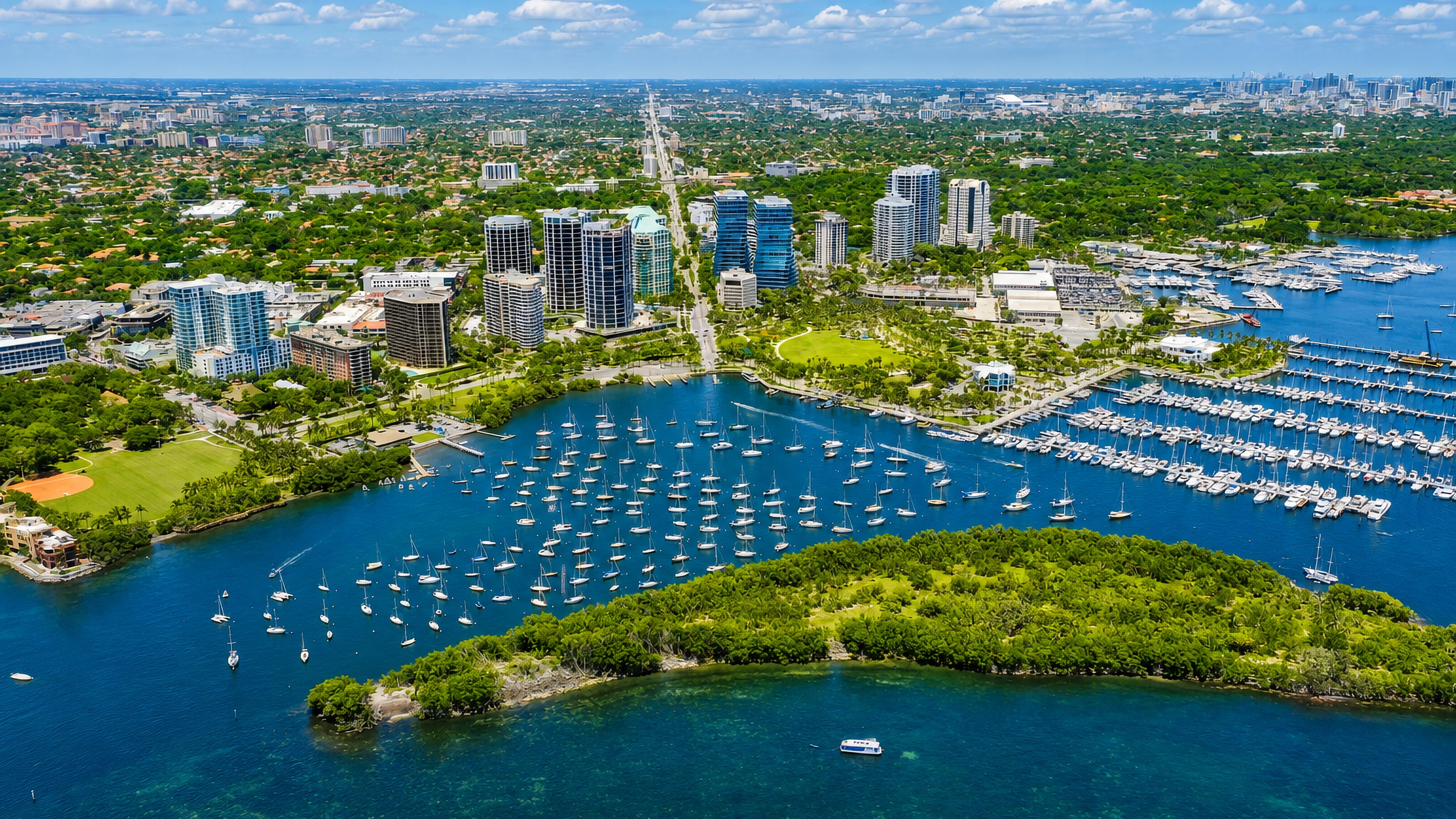 Sailboats moored off Coconut Grove's marinas and waterfront towers on Biscayne Bay, Miami.