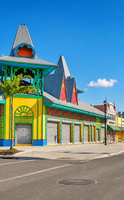 The colorful Caribbean Marketplace building in Little Haiti, Miami, with palms and the downtown skyline beyond