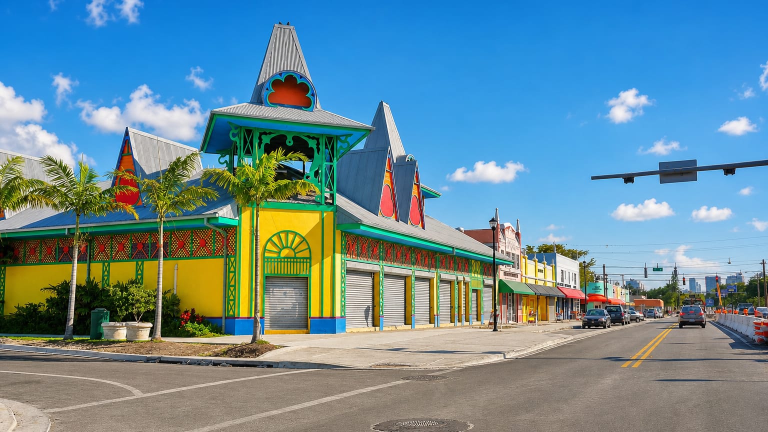 The colorful Caribbean Marketplace building in Little Haiti, Miami, with palms and the downtown skyline beyond