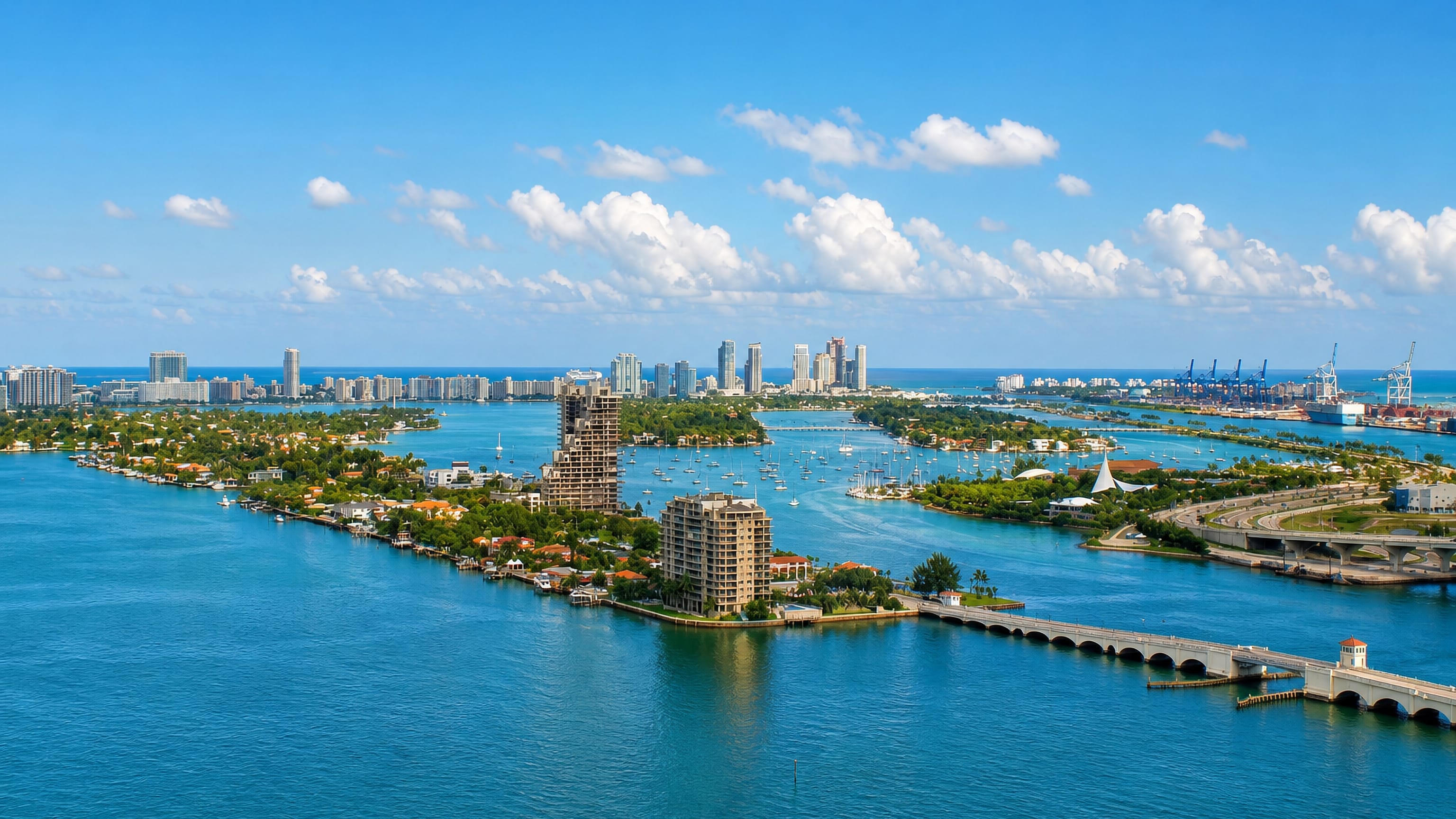 Aerial view of the Venetian Islands and their arched causeway in Biscayne Bay, with the Miami skyline behind.