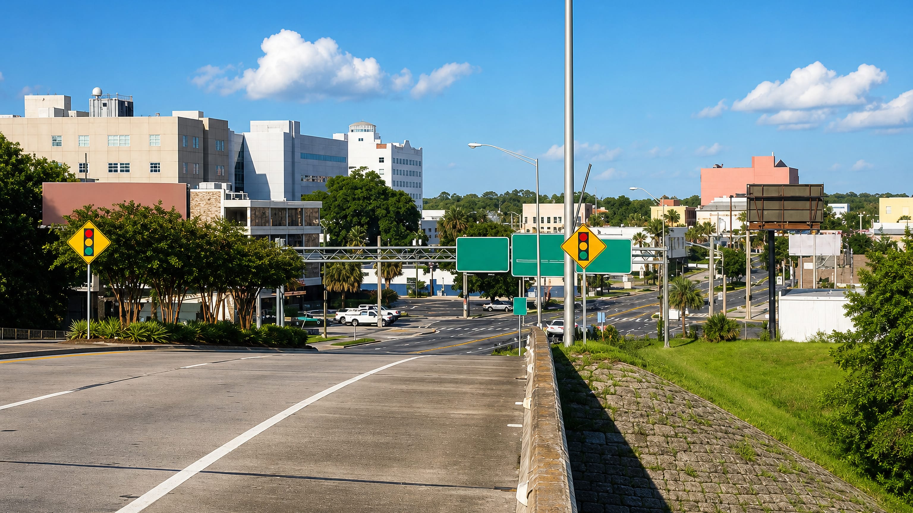 Divided highway sweeping toward downtown Ocala, Florida, past low office blocks and palm-lined streets.