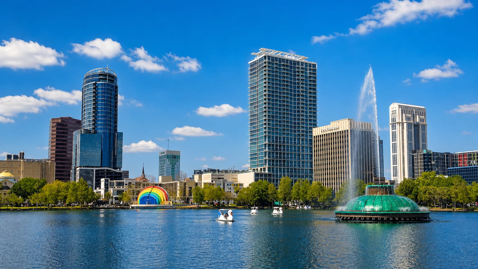 Orlando downtown towers rising over Lake Eola with its fountain and swan pedal boats.