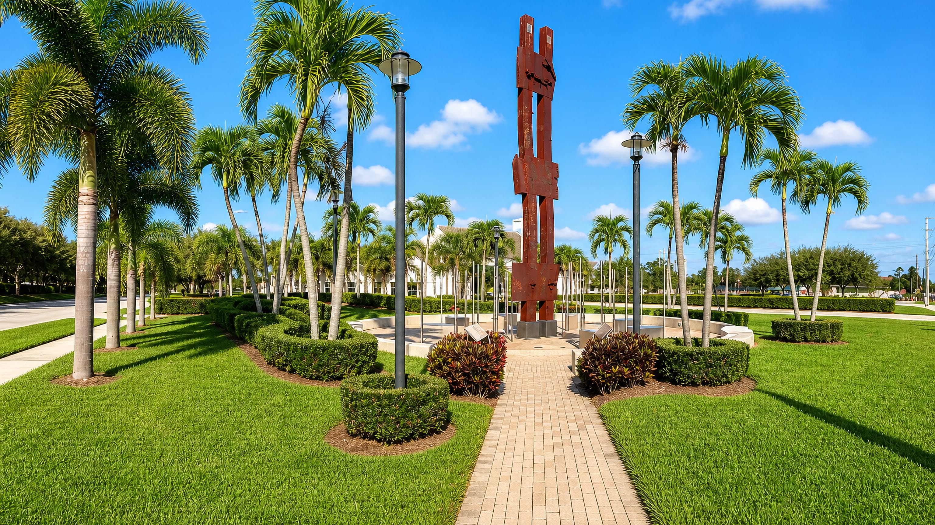 Palm-lined memorial plaza with a steel column monument in Palm Beach Gardens, Florida