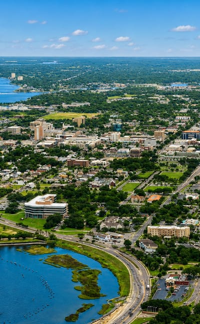 Aerial view of downtown Pensacola, Florida along its bayfront waterfront under a bright blue sky.