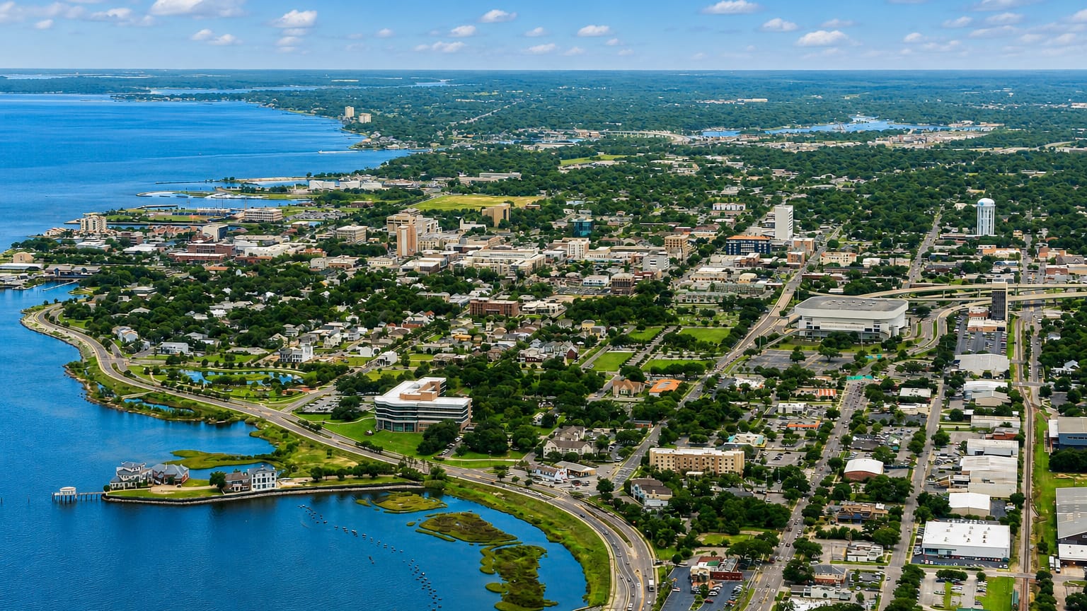 Aerial view of downtown Pensacola, Florida along its bayfront waterfront under a bright blue sky.