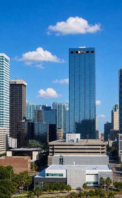 Tampa's downtown skyline of glass and stone towers above palm trees and the waterfront in Florida.