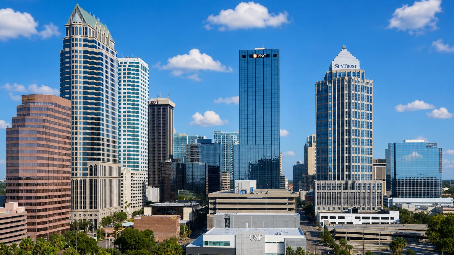 Tampa's downtown skyline of glass and stone towers above palm trees and the waterfront in Florida.