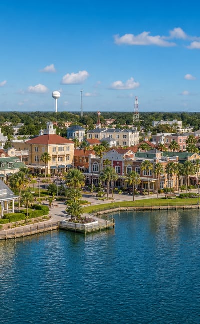 Colorful lakeside town-square buildings, palms and a water tower at The Villages, Florida, under a blue sky.