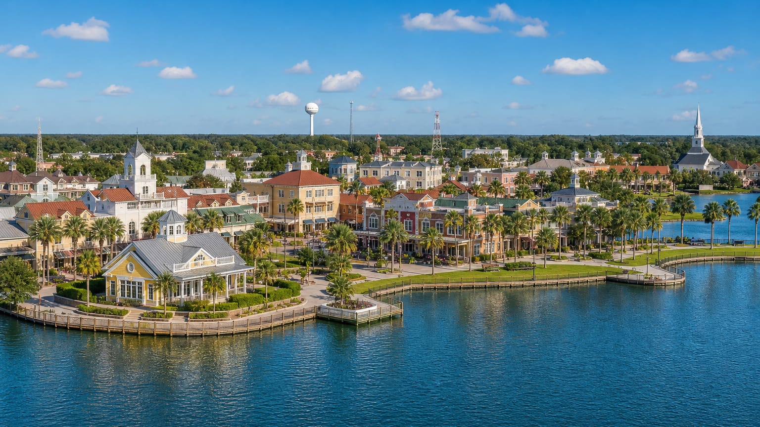Colorful lakeside town-square buildings, palms and a water tower at The Villages, Florida, under a blue sky.