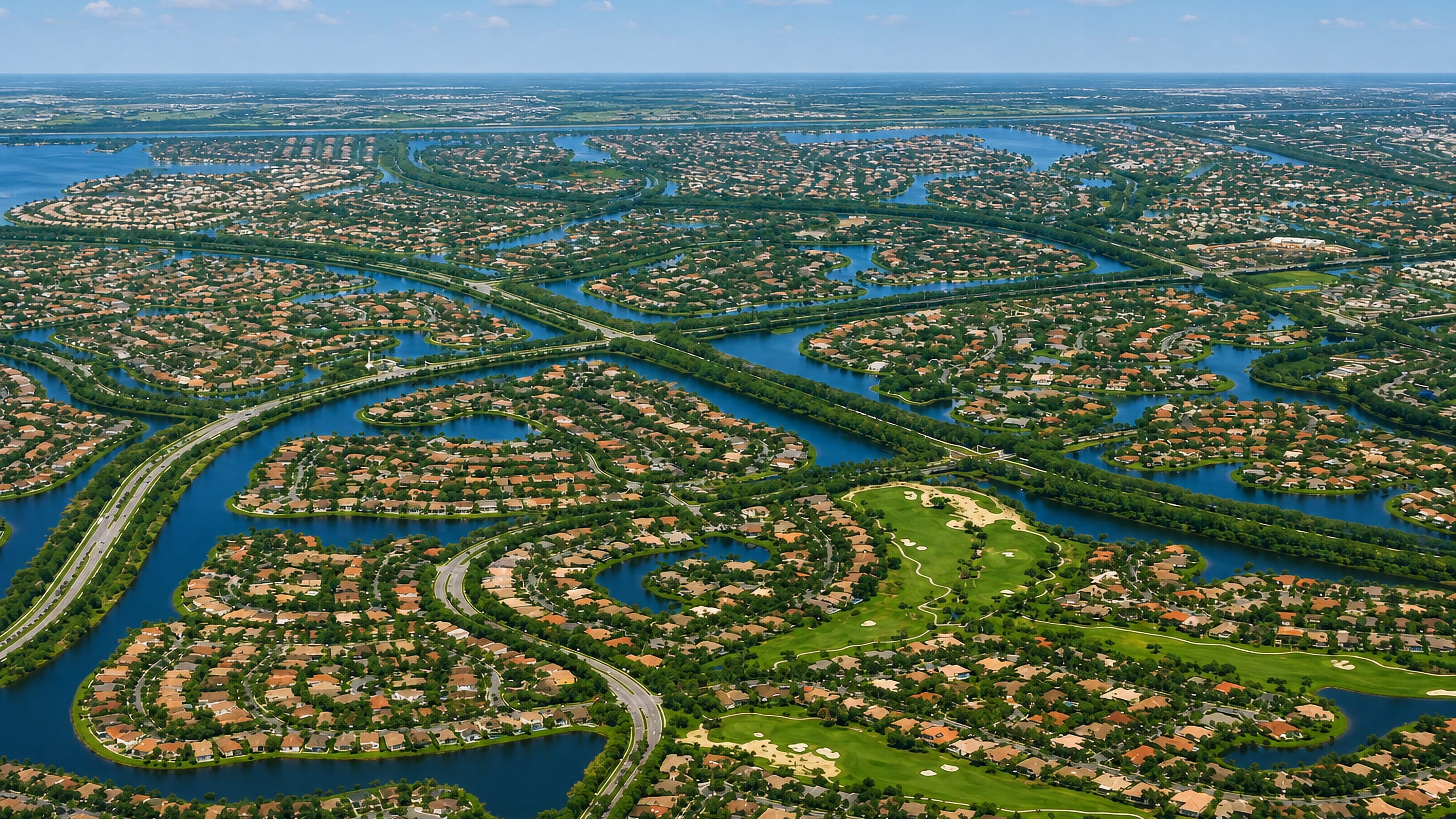 Aerial view of Weston, Florida, with tile-roofed homes curving between lakes, canals and golf fairways.