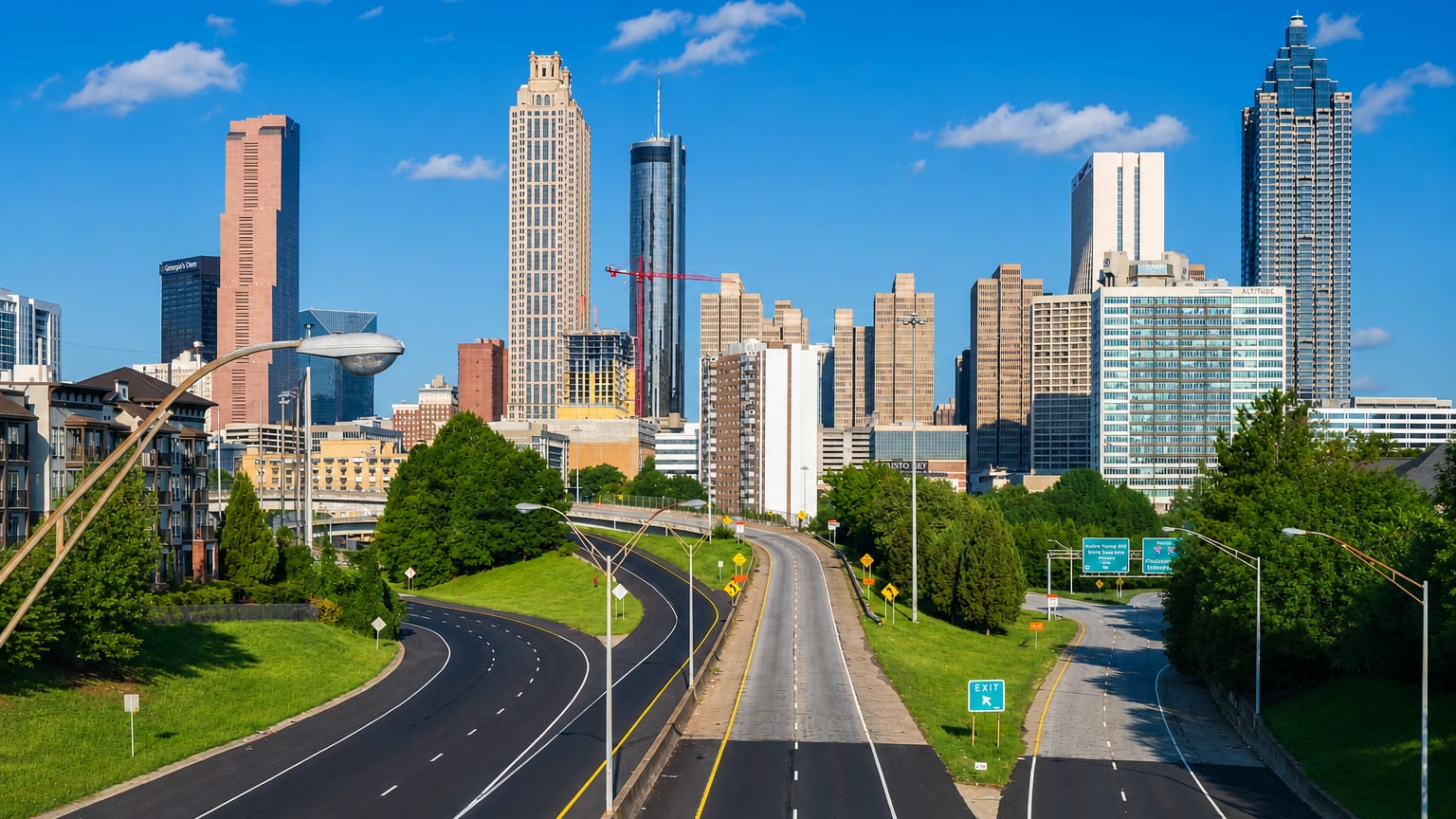 Downtown Atlanta skyline of tall towers viewed from a curving highway lined with green trees under blue sky