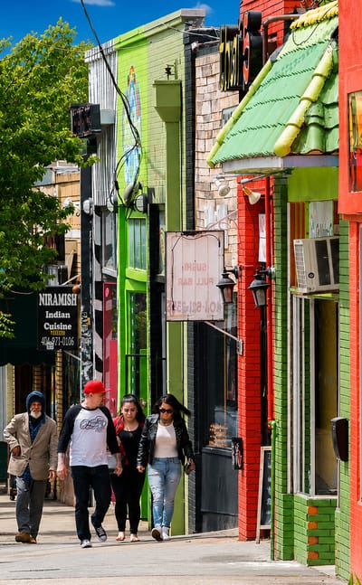 Colorful independent shops and record stores along a lively street in Little Five Points, Atlanta