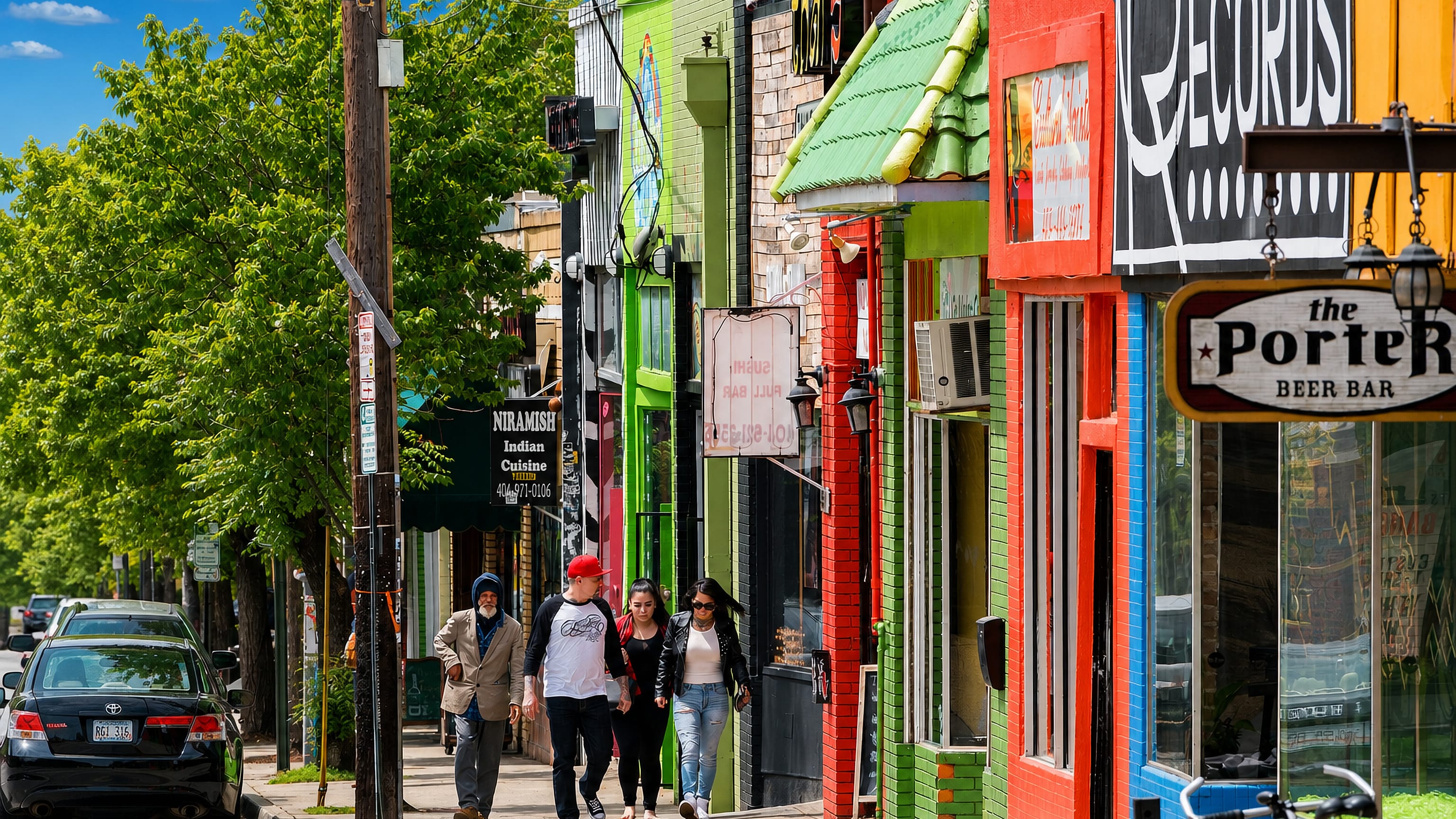Colorful independent shops and record stores along a lively street in Little Five Points, Atlanta