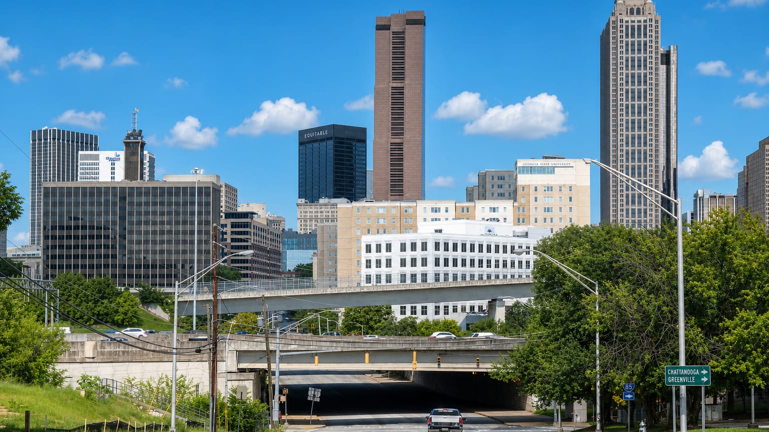 Downtown Atlanta skyline with towers around Peachtree Center rising above a highway underpass