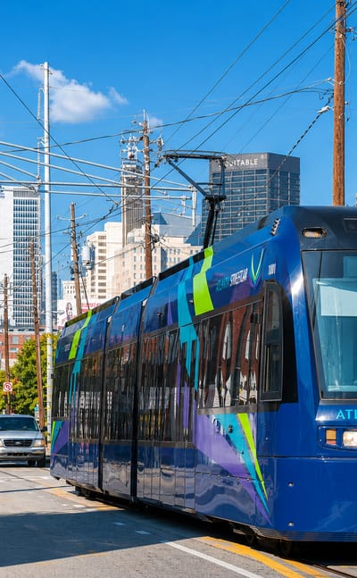 An Atlanta Streetcar on a Sweet Auburn street with the downtown Atlanta skyline rising behind it.
