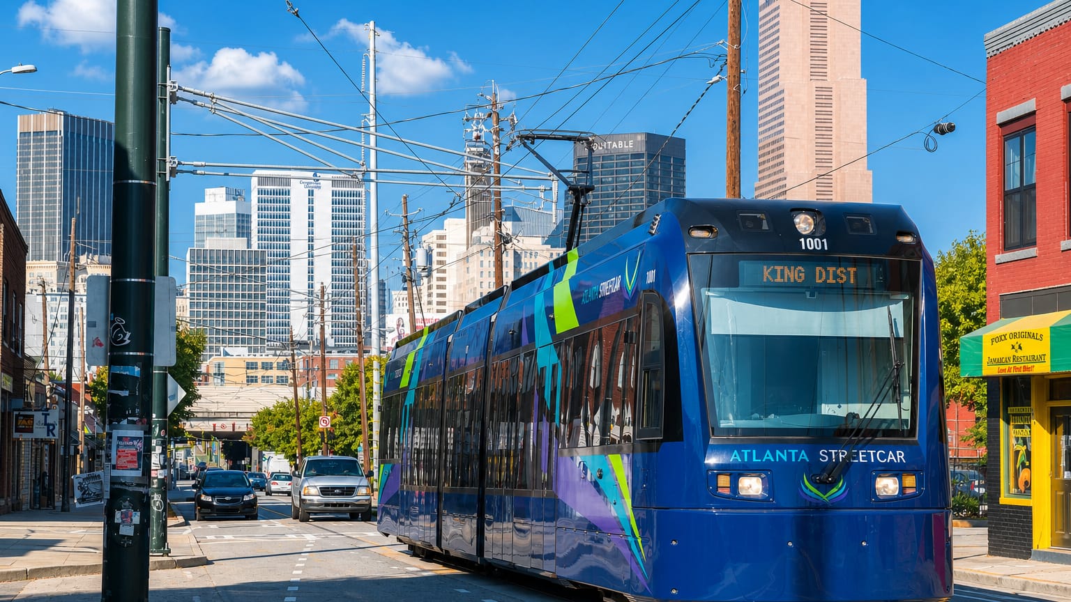 An Atlanta Streetcar on a Sweet Auburn street with the downtown Atlanta skyline rising behind it.