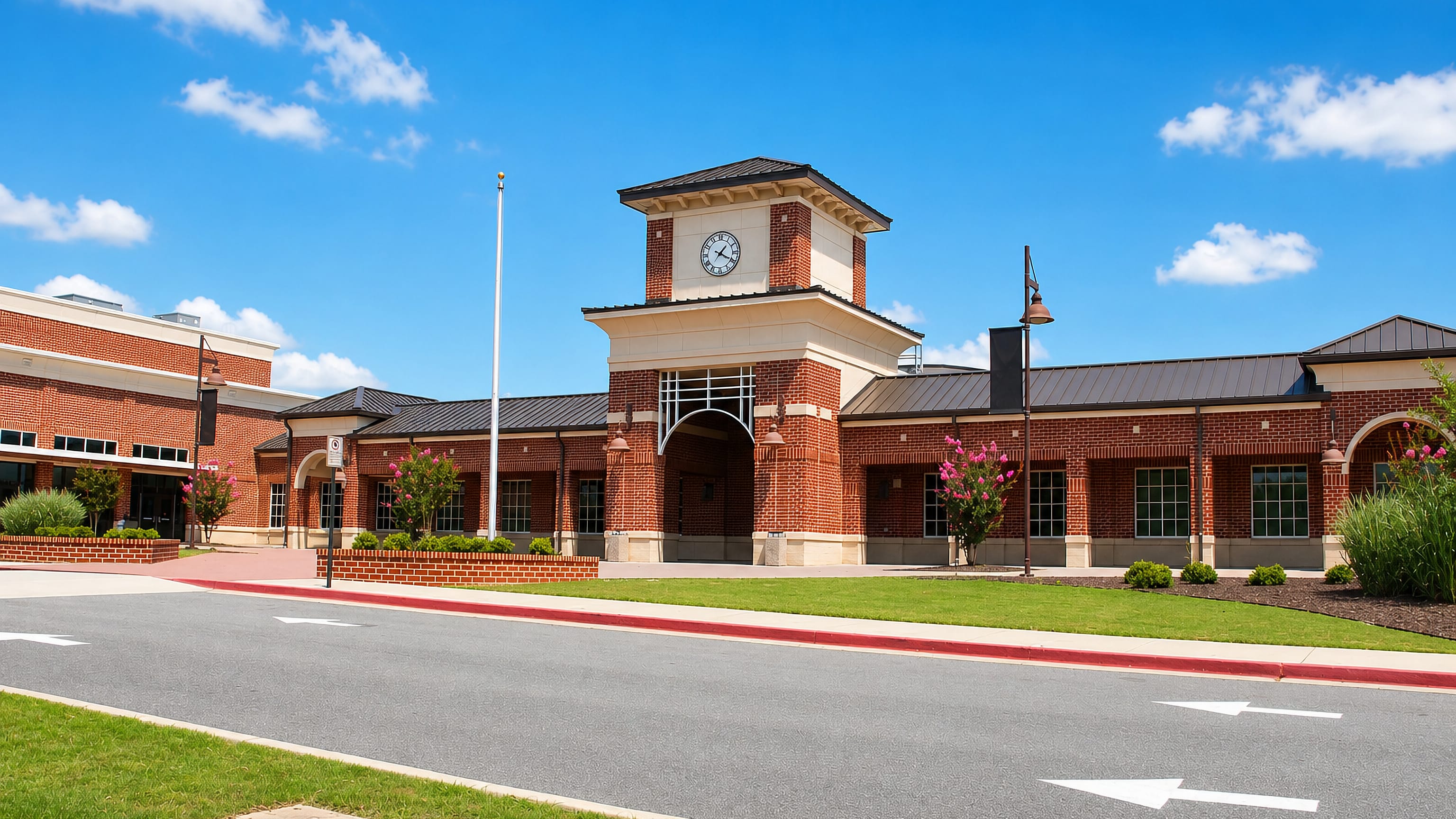 Red-brick civic building with a clock tower beside a wide suburban road in Johns Creek, Georgia.