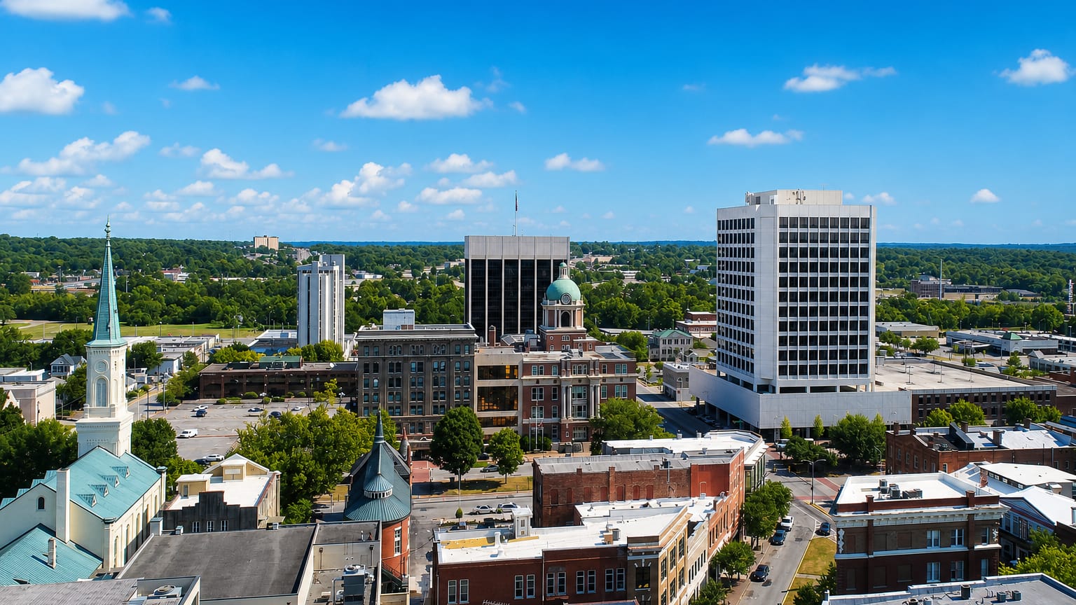 Downtown Macon, Georgia with its green courthouse dome, church steeple and low-rise towers under a blue sky.