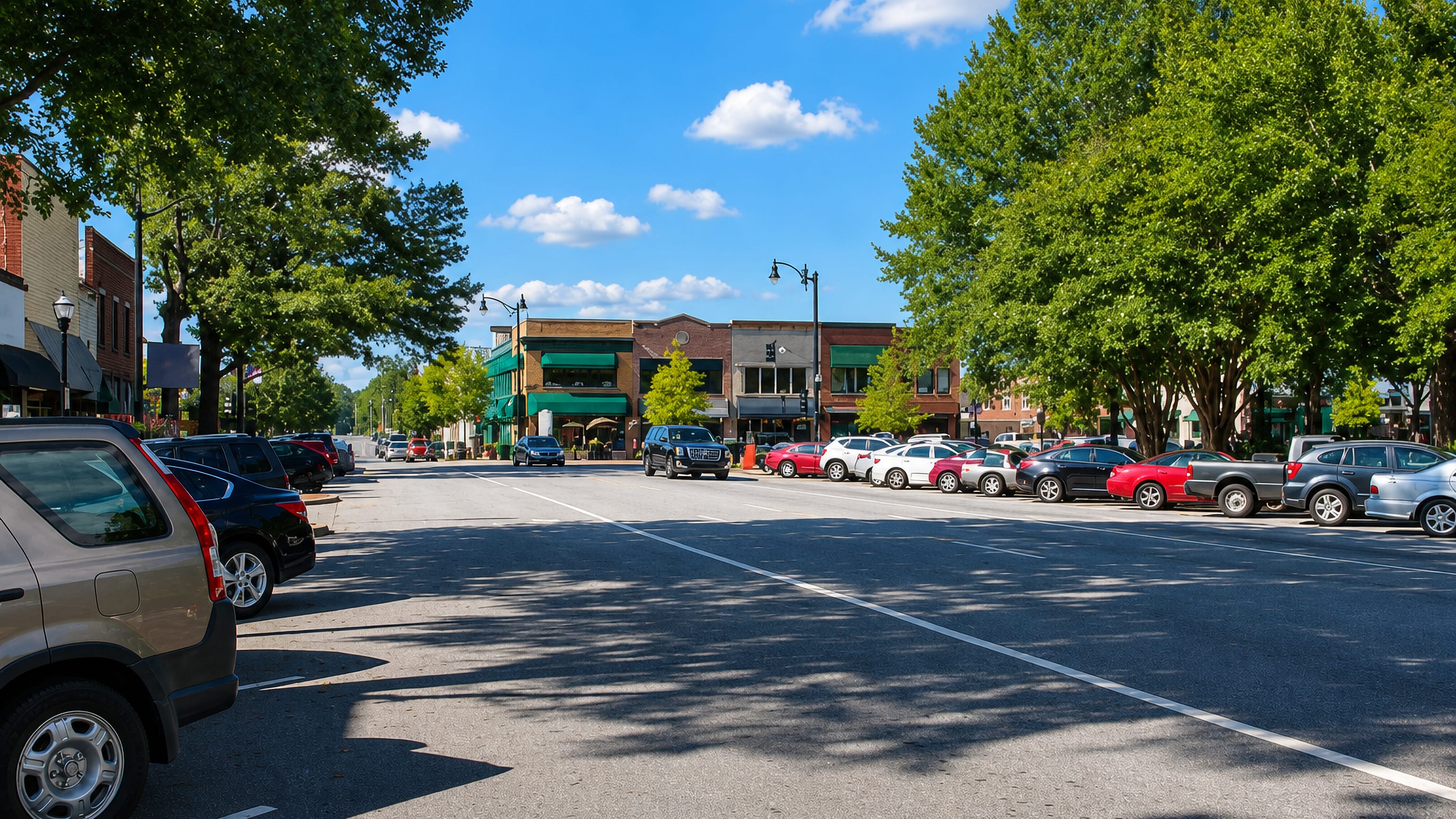 Brick storefronts with green awnings lining a wide, tree-shaded downtown street in Marietta, Georgia