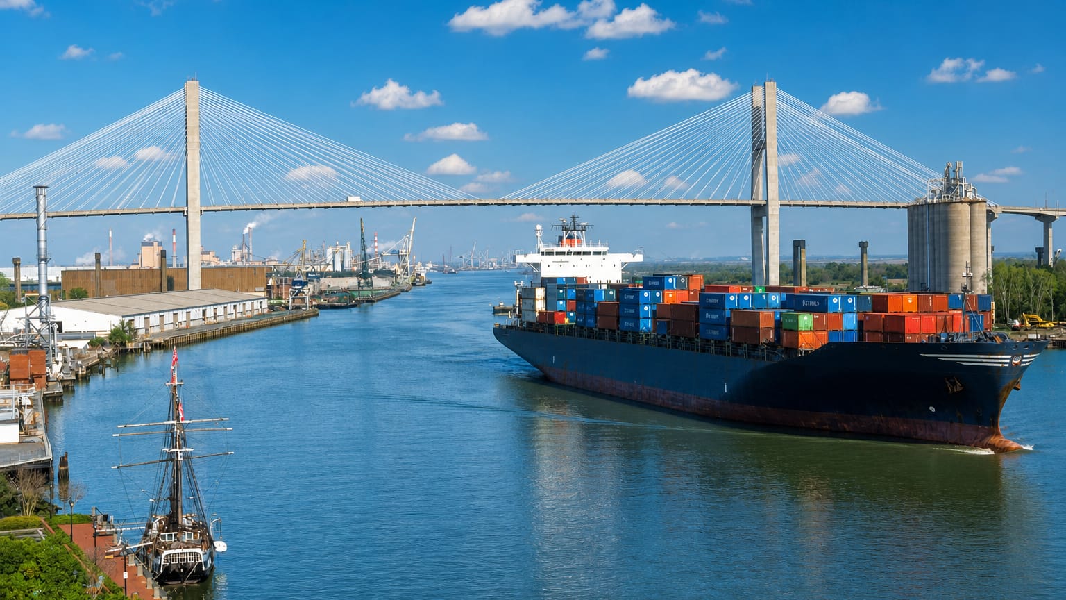 The Talmadge Memorial Bridge over the Savannah River with a container ship and a tall-ship replica.