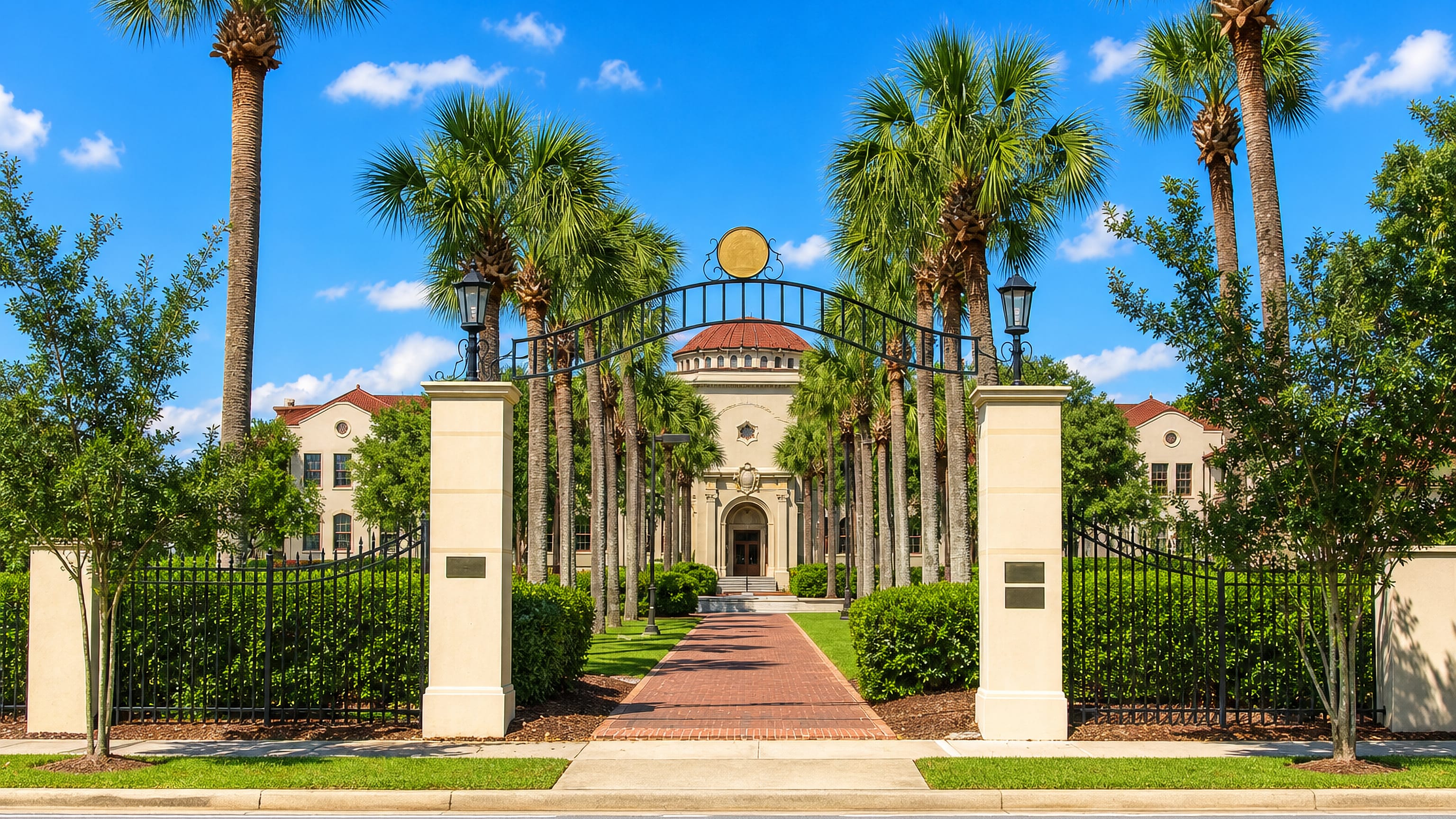 Palm-lined entrance gate to the Valdosta State University campus in Valdosta, Georgia.