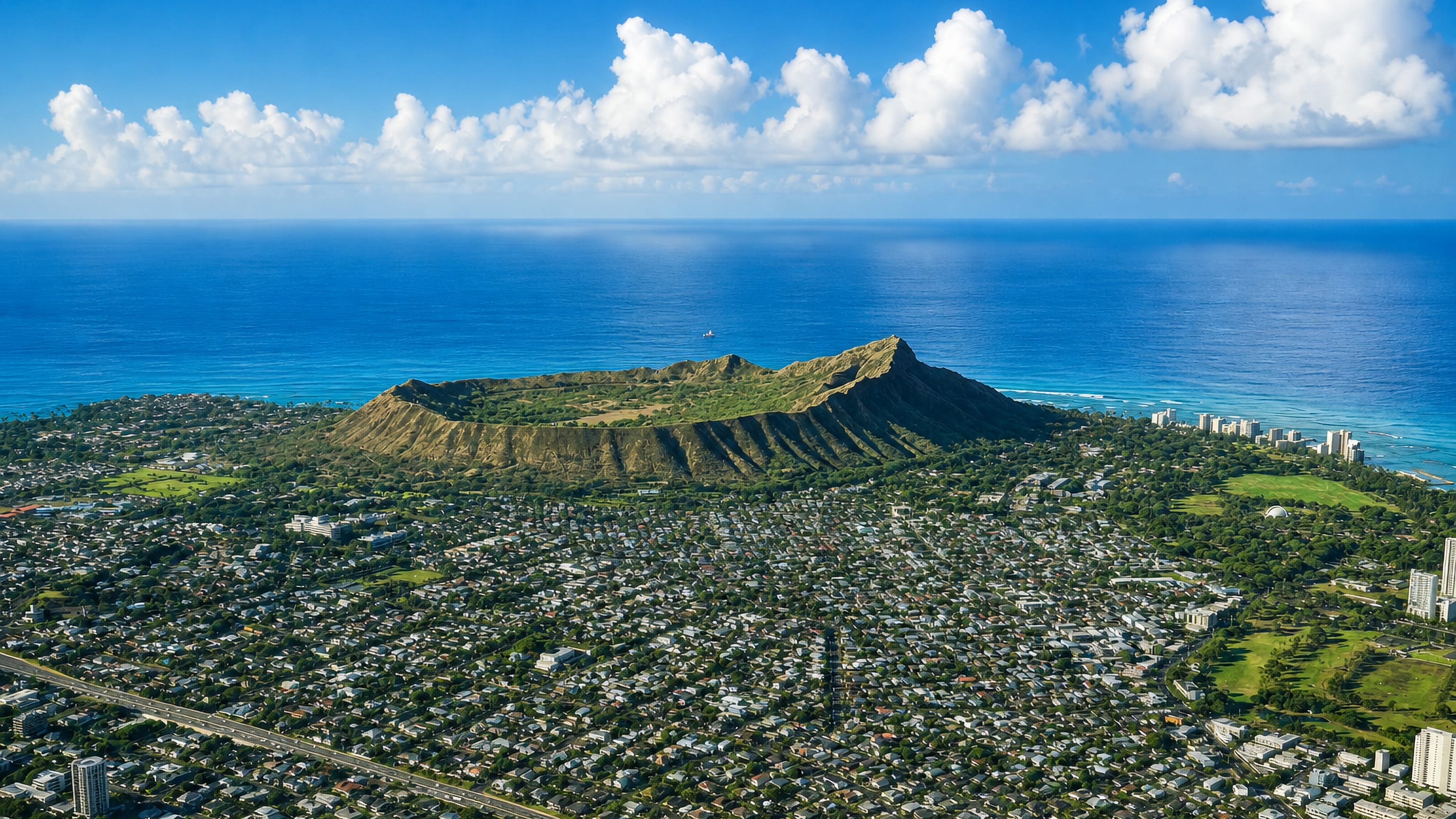 Kaimuki's grid of homes spreading below Diamond Head crater and the Pacific in Honolulu.