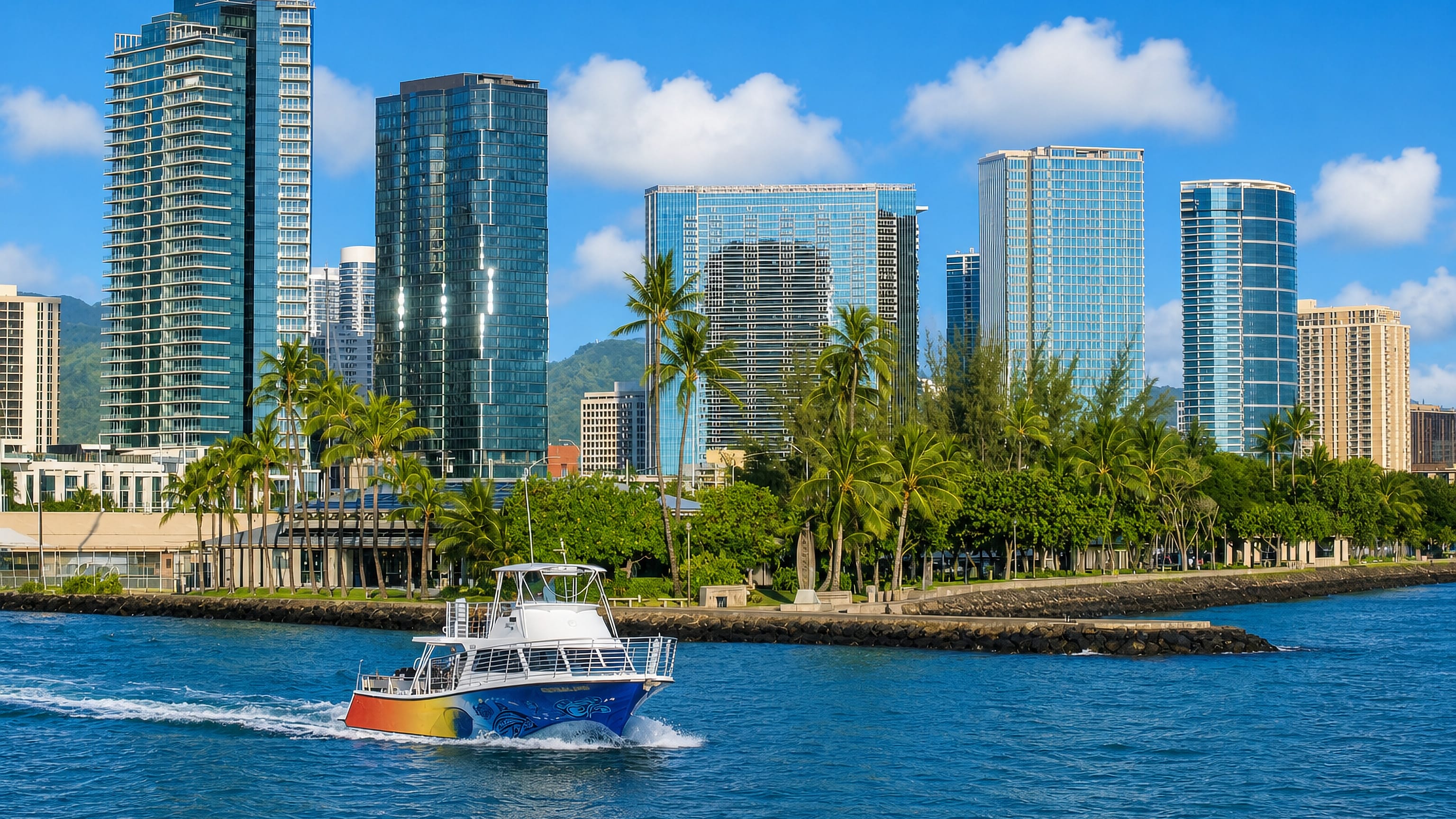 Glass condominium towers and palm-lined shoreline of Kakaʻako, Honolulu, with a tour boat crossing the harbour