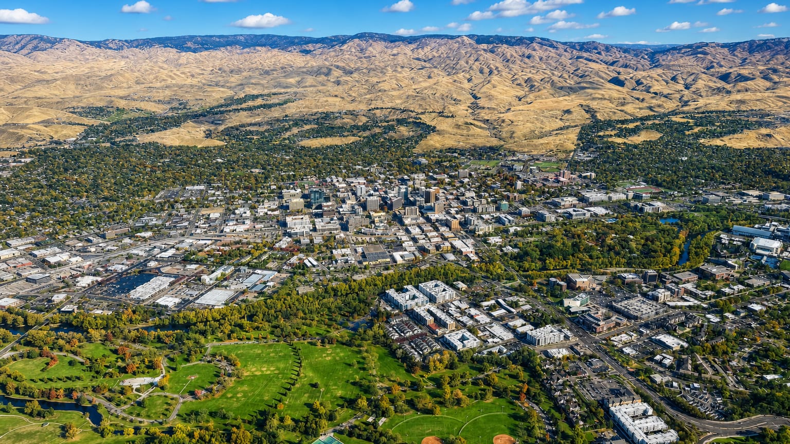 Aerial view of downtown Boise with riverside parks below the tawny Boise foothills.