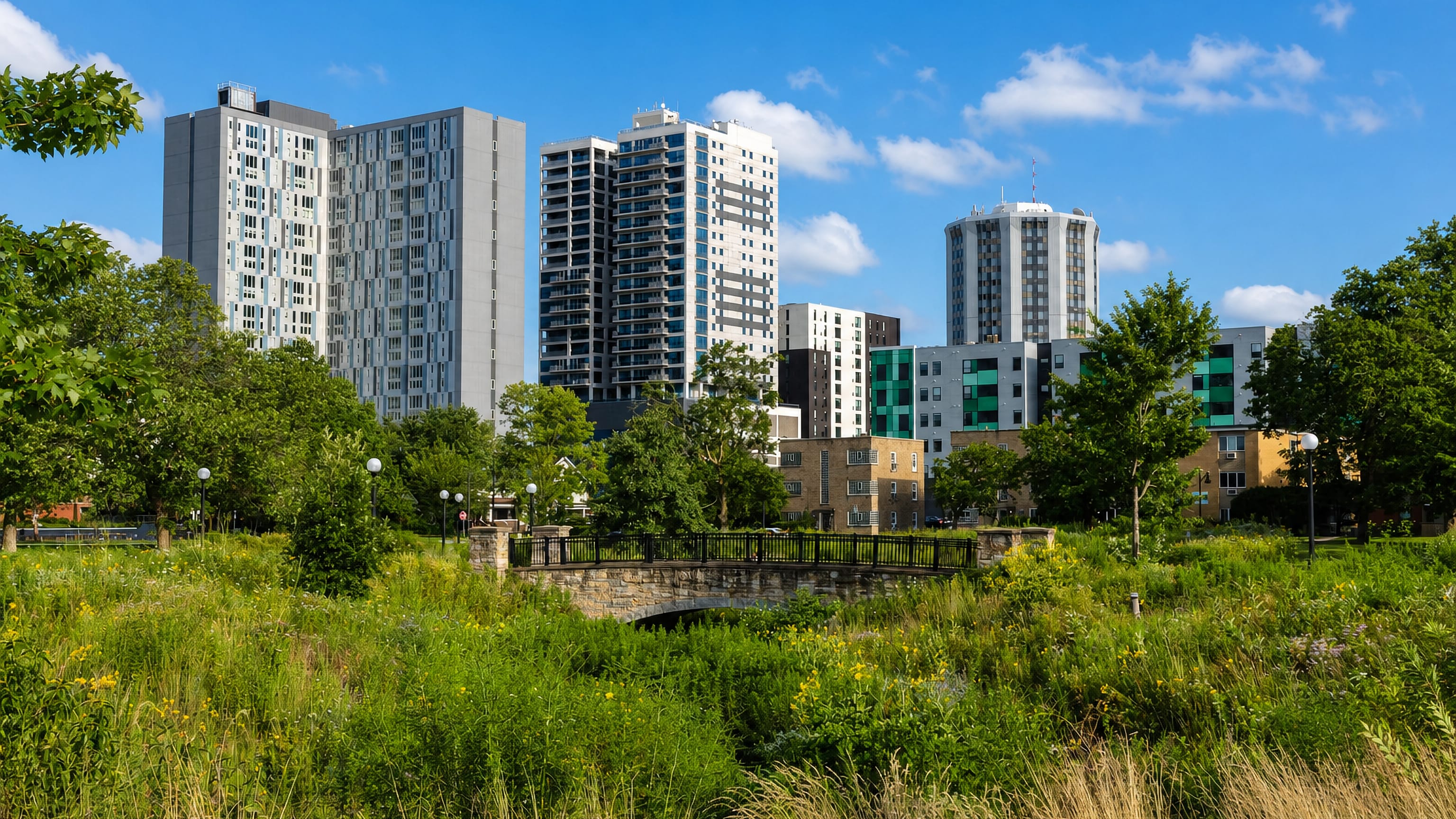 High-rise apartment towers rising above a prairie-planted creek park and stone footbridge in Champaign, Illinois