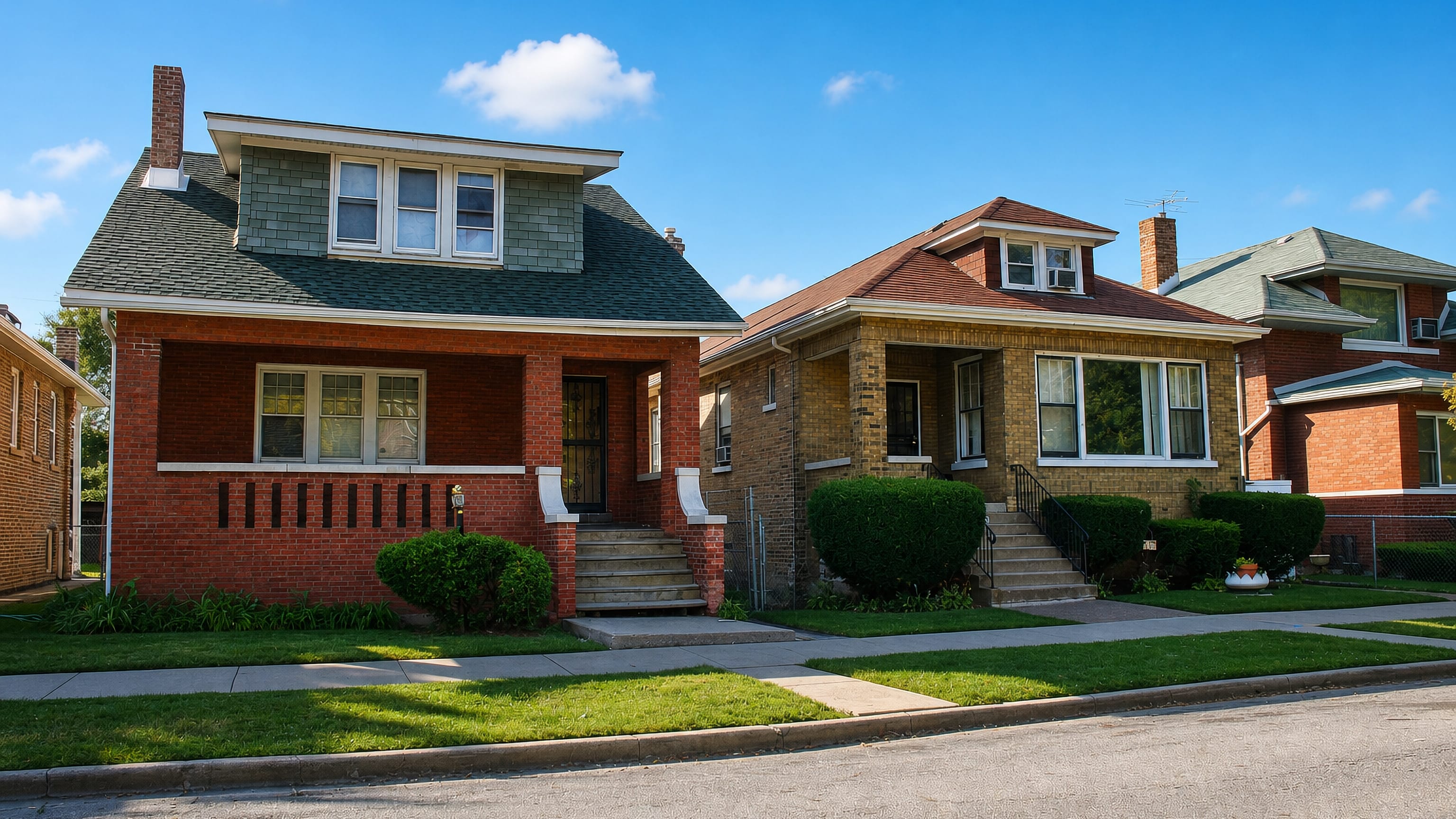 Brick bungalows with porches and front lawns on a residential street in Chatham, Chicago
