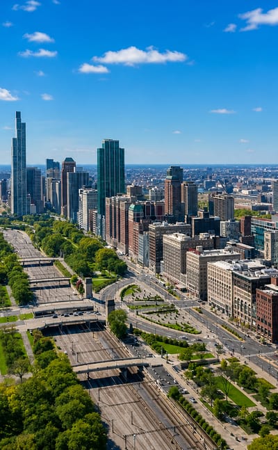 Aerial view over Grant Park and Michigan Avenue toward the Chicago Loop skyline on a sunny day.
