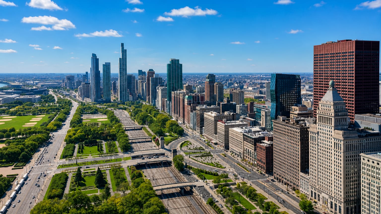 Aerial view over Grant Park and Michigan Avenue toward the Chicago Loop skyline on a sunny day.