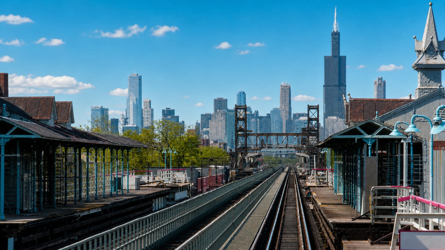 Elevated Chicago "L" train tracks and station platforms leading toward the downtown skyline with the Willis Tower under a clear sky
