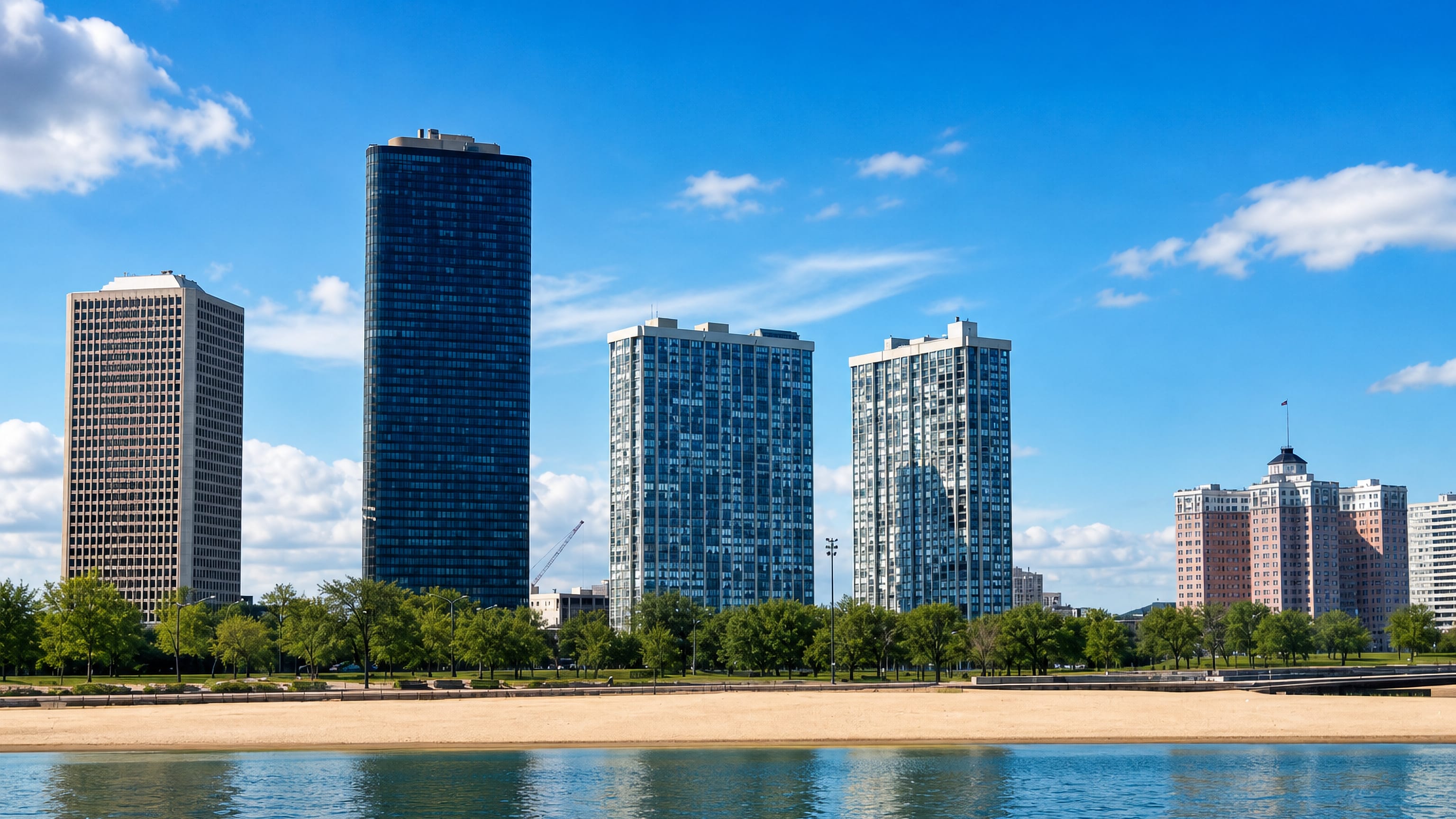Lakefront high-rises and beach along Lake Michigan in Edgewater, Chicago, under a bright blue sky.