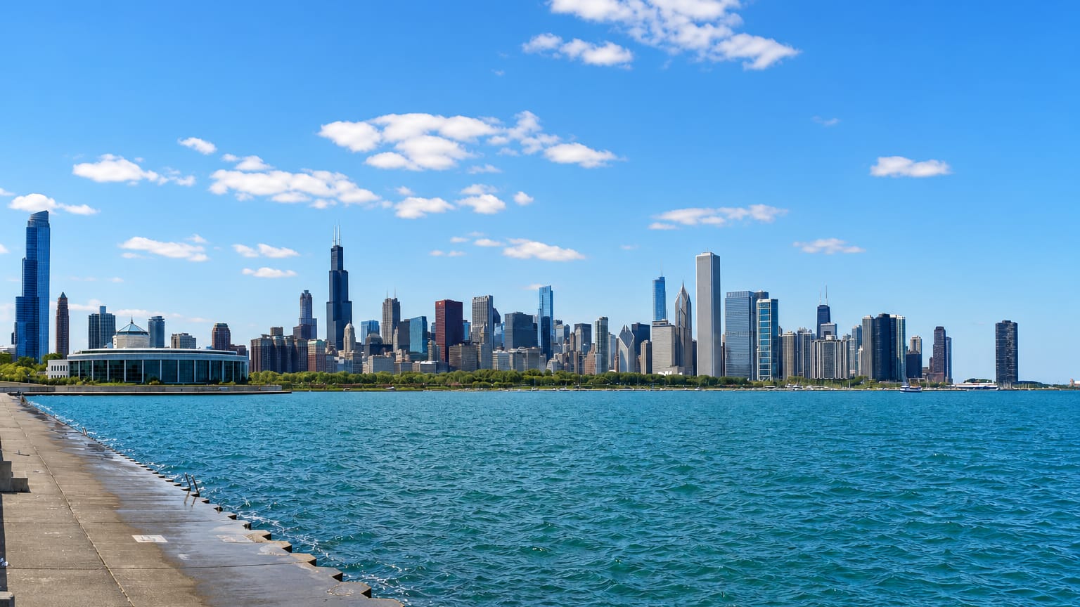 Chicago's downtown skyline seen across Lake Michigan from the lakefront, with Willis Tower and the Museum Campus.