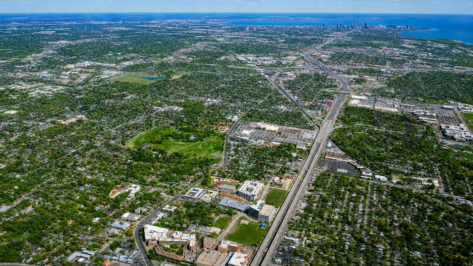Aerial view over green residential Chicago with the distant downtown skyline along Lake Michigan