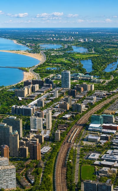 Aerial view of Chicago's Lake Michigan lakefront with beaches, harbor and lakeside high-rises