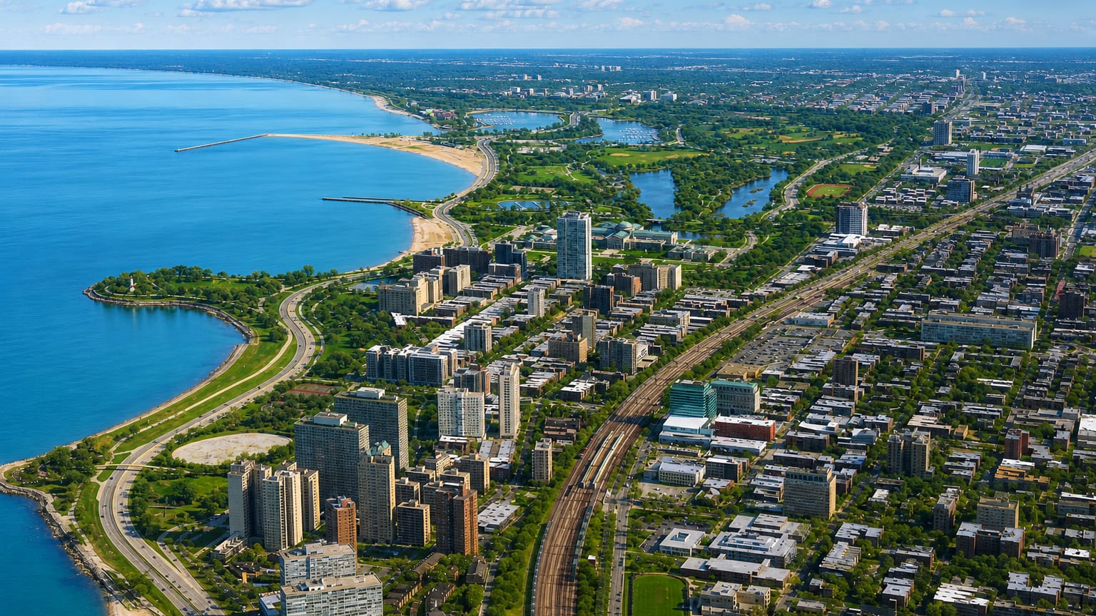 Aerial view of Chicago's Lake Michigan lakefront with beaches, harbor and lakeside high-rises