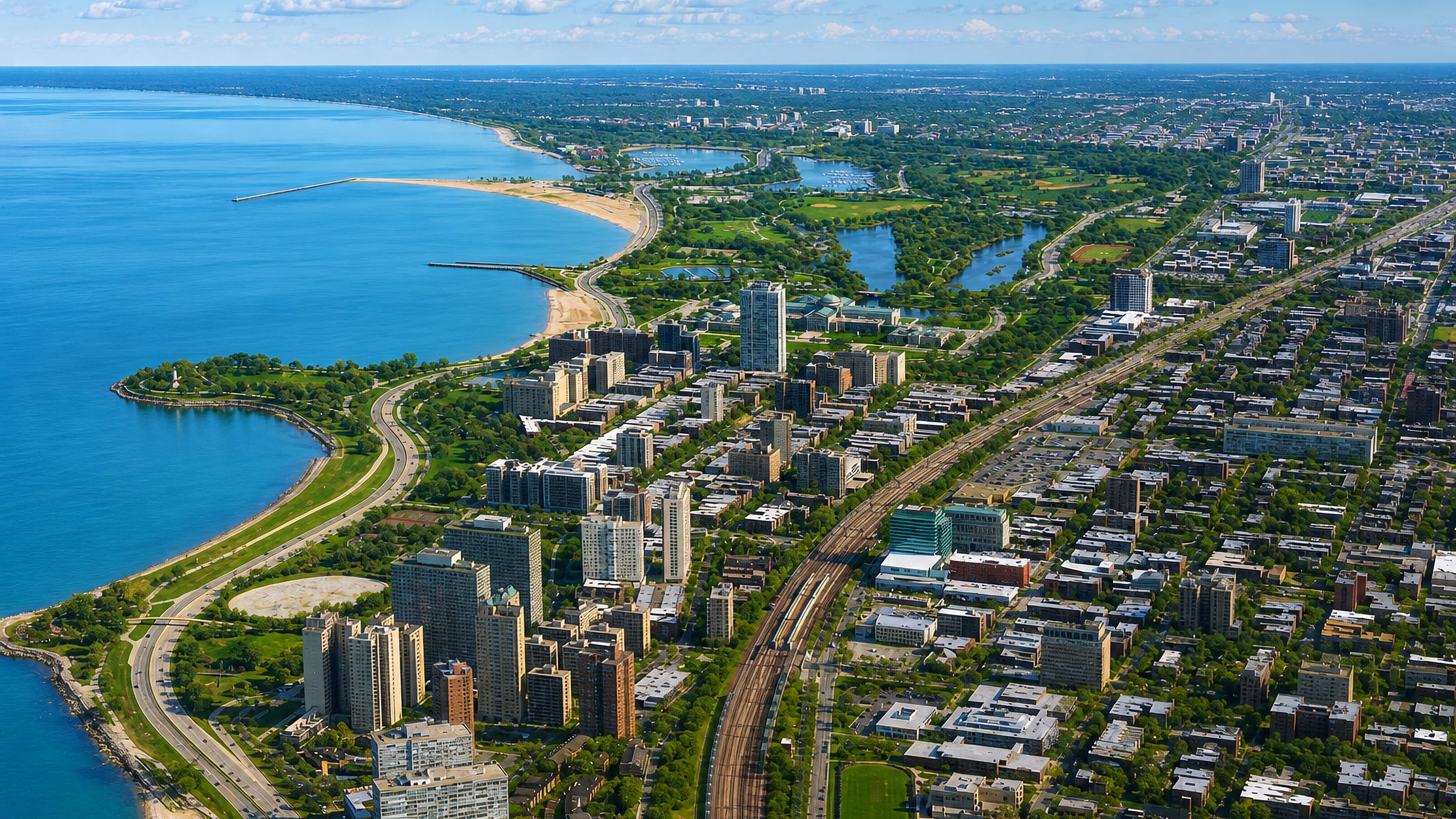 Aerial view of Chicago's Lake Michigan lakefront with beaches, harbor and lakeside high-rises