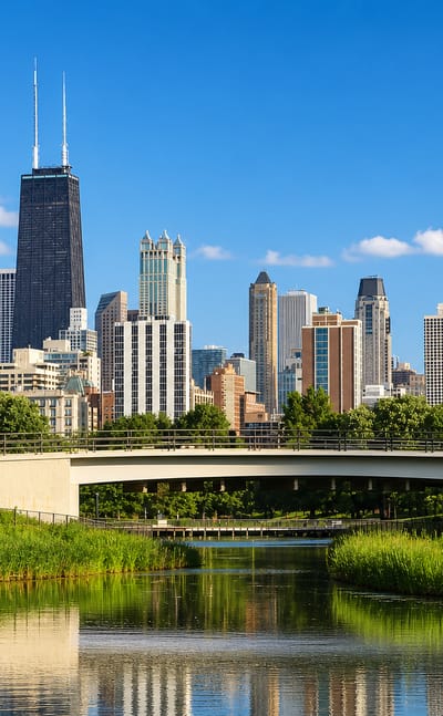 Chicago skyline with the Hancock Center rising beyond a footbridge over the Lincoln Park lagoon