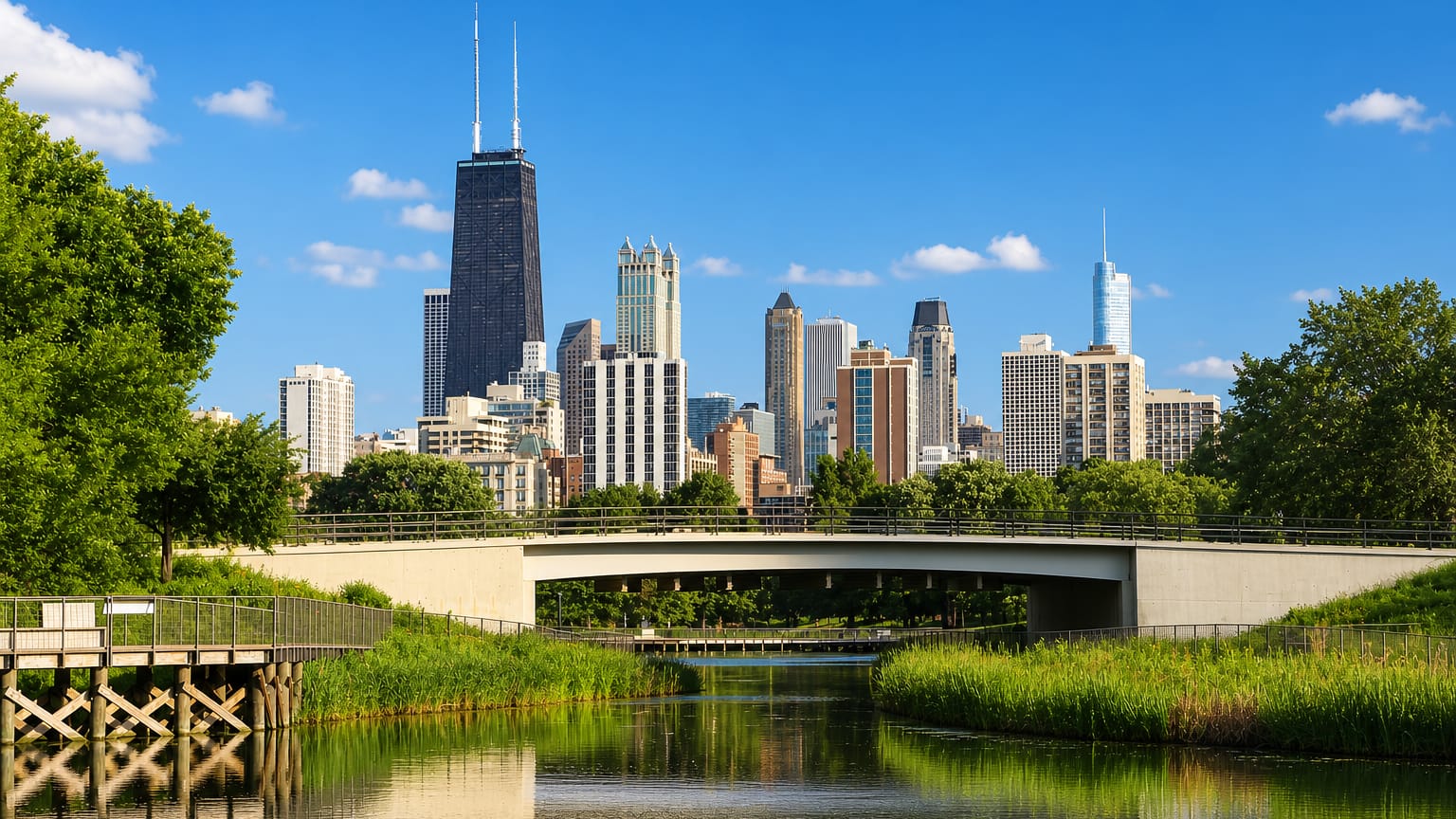 Chicago skyline with the Hancock Center rising beyond a footbridge over the Lincoln Park lagoon