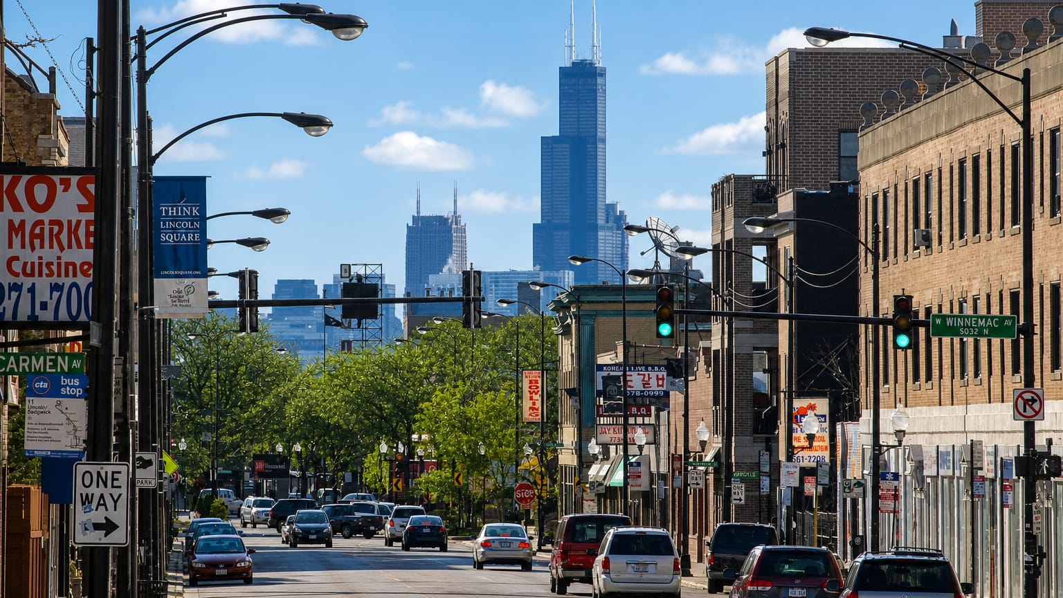 Chicago's Lincoln Square commercial street with Willis Tower and the skyline rising in the distance