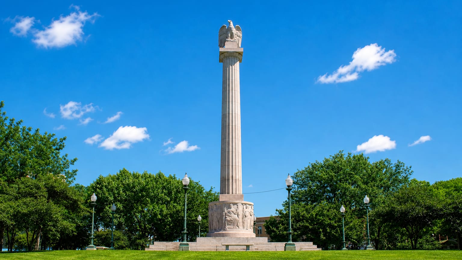 The eagle-topped Illinois Centennial Monument column on a green lawn in Logan Square, Chicago