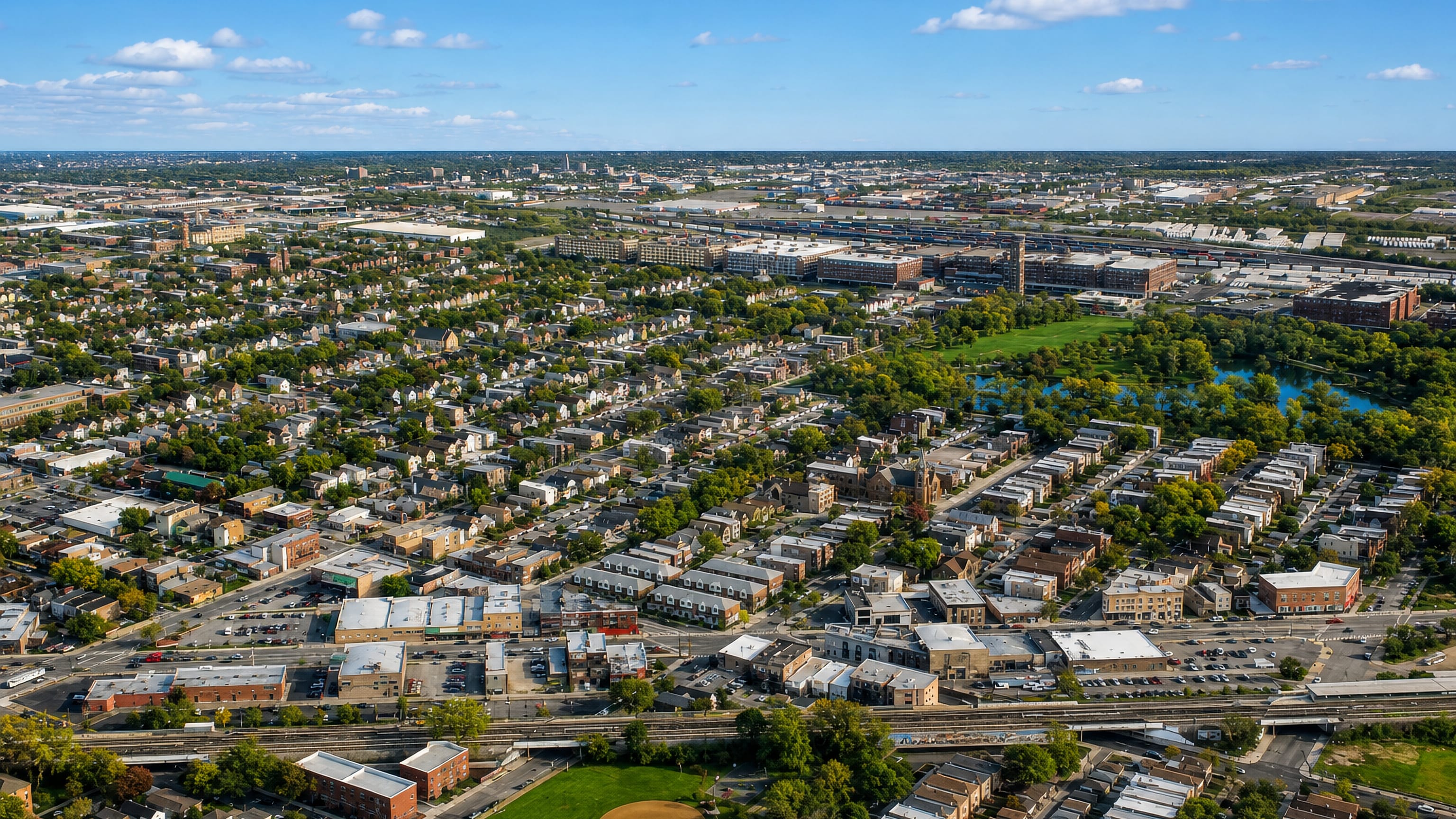 Aerial over McKinley Park, Chicago, with bungalow blocks, the park lagoon and the rail and industrial corridor.